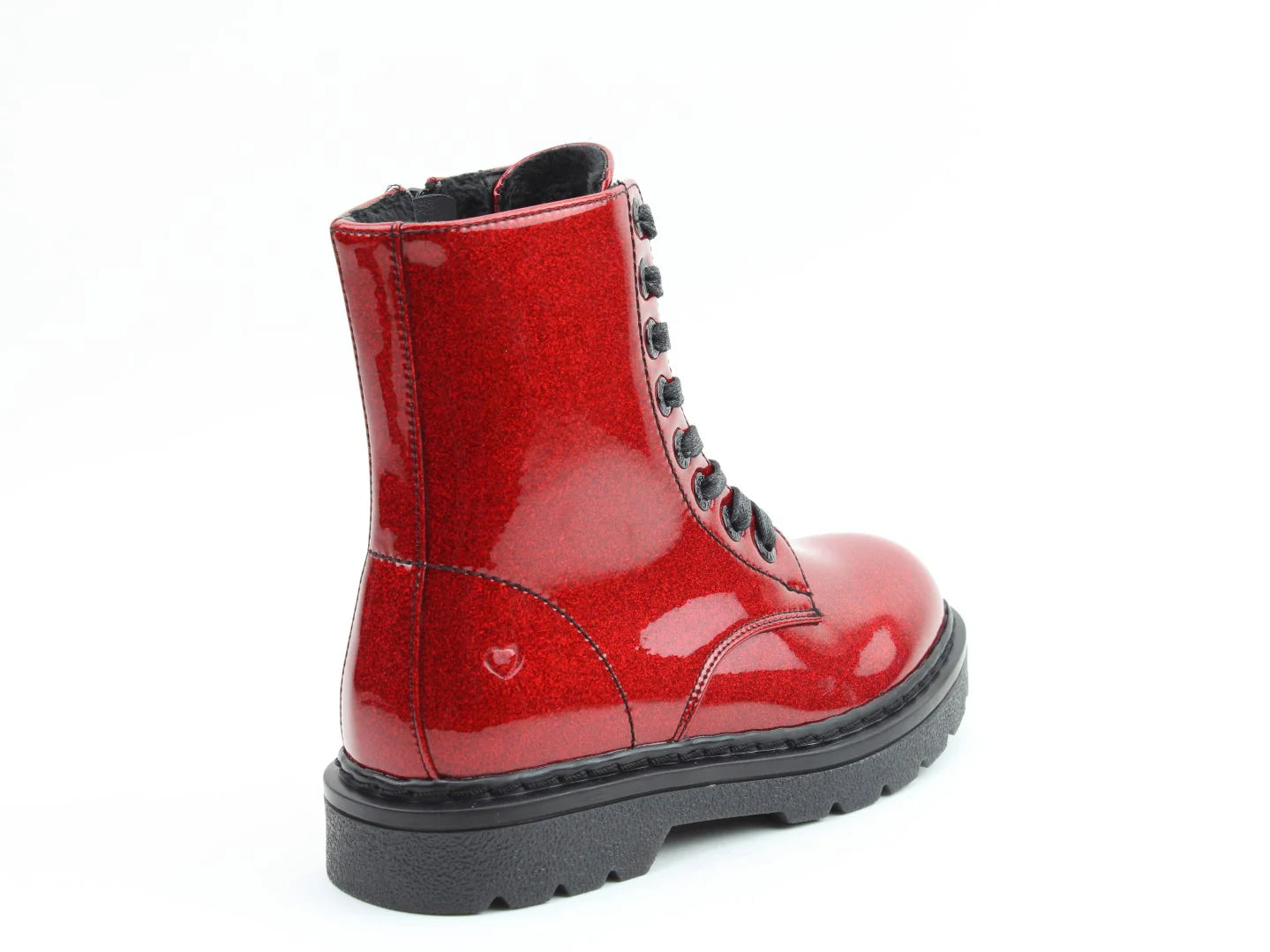 Red shiny lace-up boot with a black sole, featuring Memory Foam insoles, viewed from the side against a plain white backdrop.