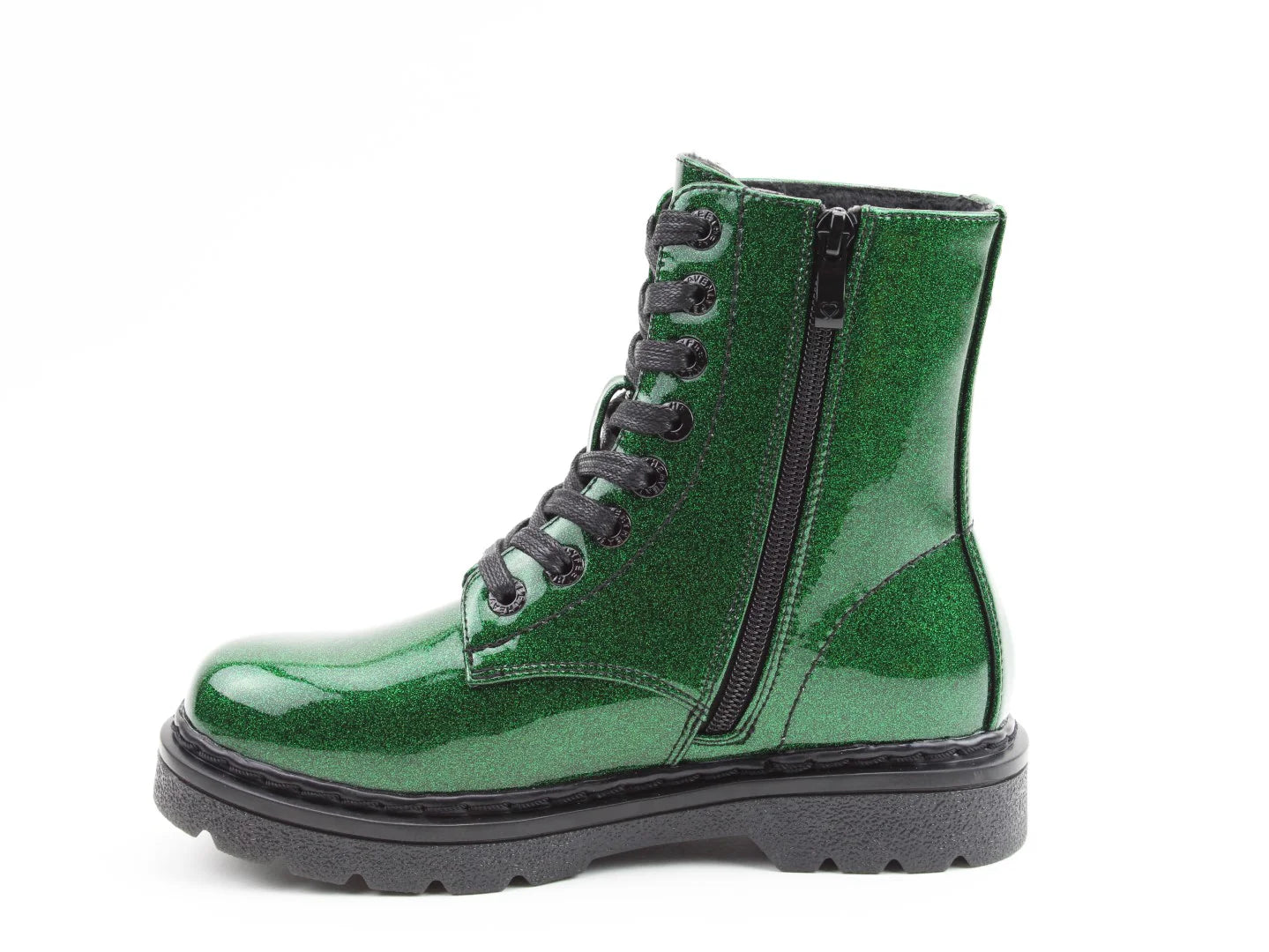 Green glittery combat boot with black laces and side zip, crafted from vegan-friendly materials, shown in profile against a white background.