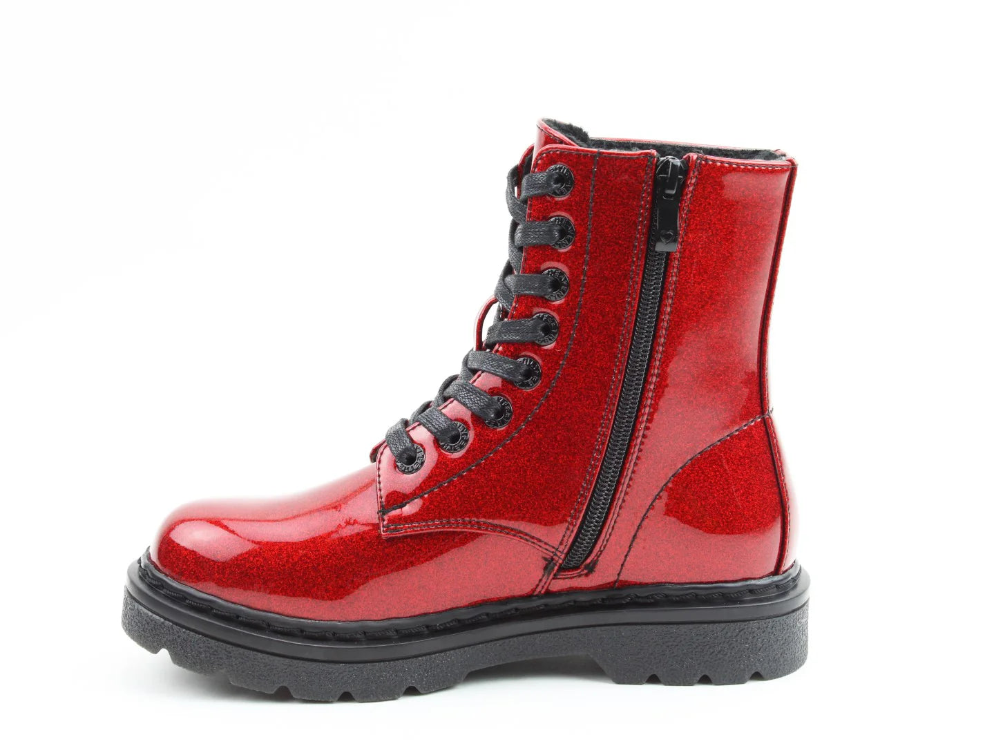 Red patent leather lace-up boot with a black sole and black laces, featuring a side zip, chunky tread, and plush Memory Foam insoles for all-day comfort.