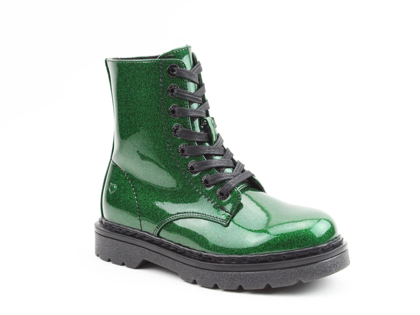 Green glittery lace-up boot with black laces, a thick black sole, and soft Memory Foam insoles for ultimate comfort.