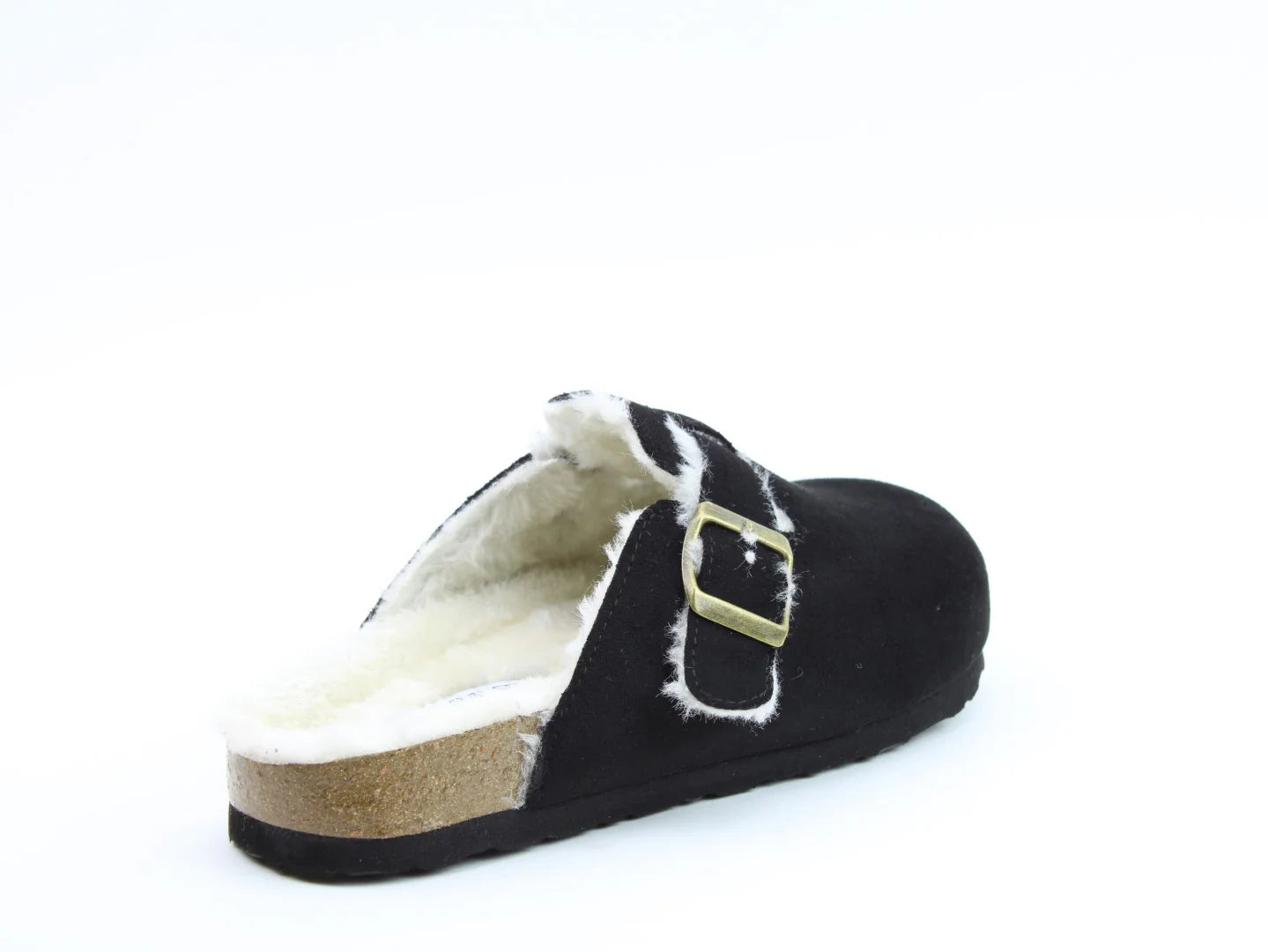 A black slipper with a cork sole and vegan shearling lining, featuring an adjustable buckle strap and contoured footbed for ultimate comfort.