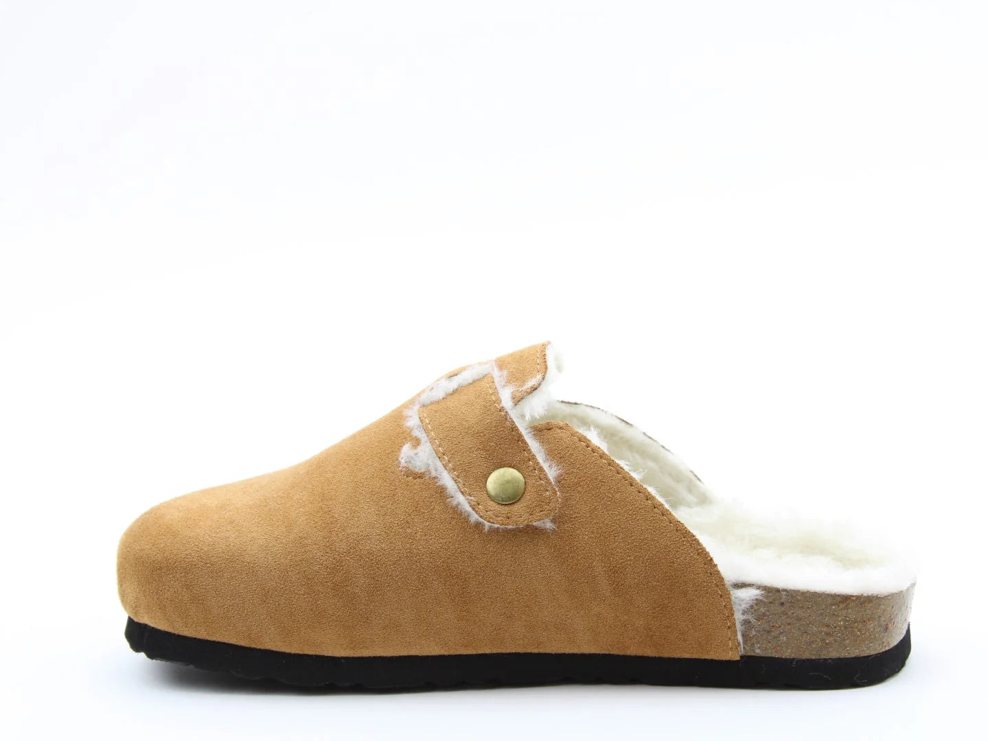 A tan suede slip-on slipper with a contoured footbed and white faux fur lining, featuring a side button detail and a flat black sole.