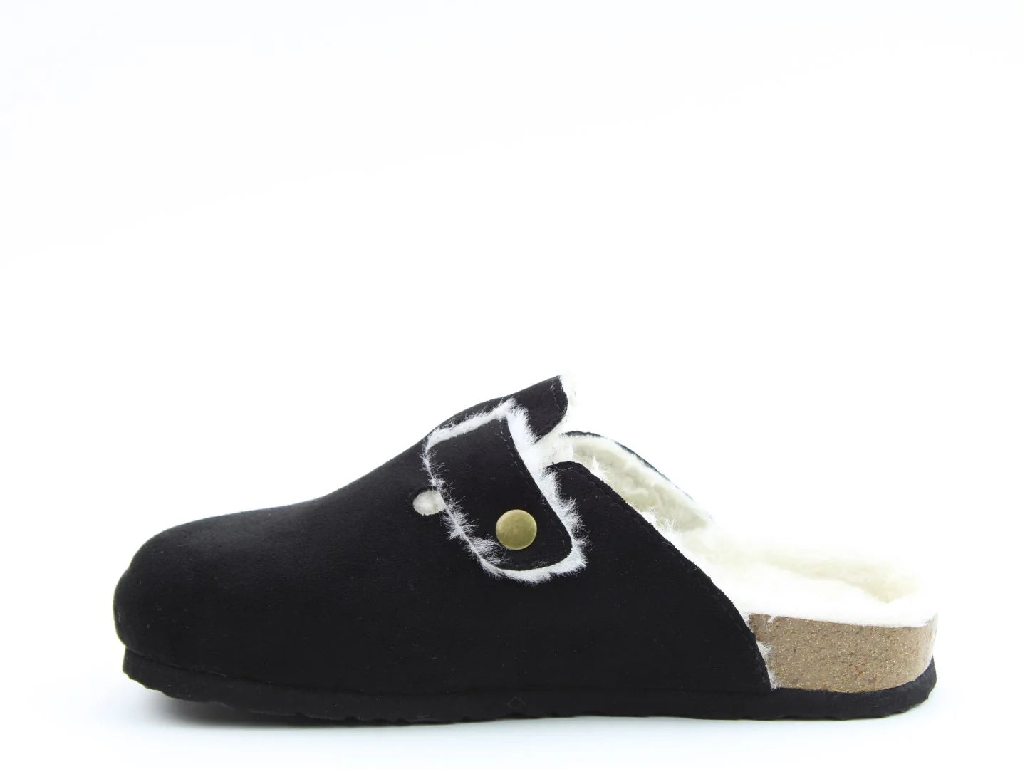 A black suede slipper with a vegan shearling slide design features a faux fur-lined interior and a strap with a brass button, all displayed on a white background.