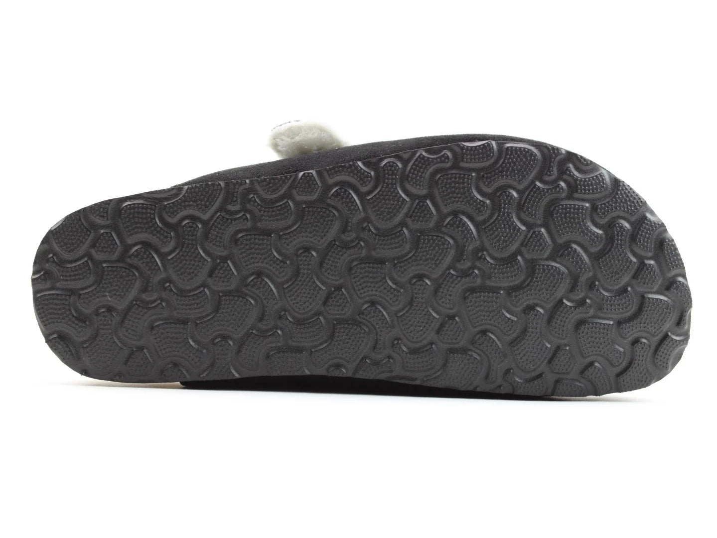 Sole of a black sandal with a textured, geometric pattern and slight arch, featuring a contoured footbed for added comfort.