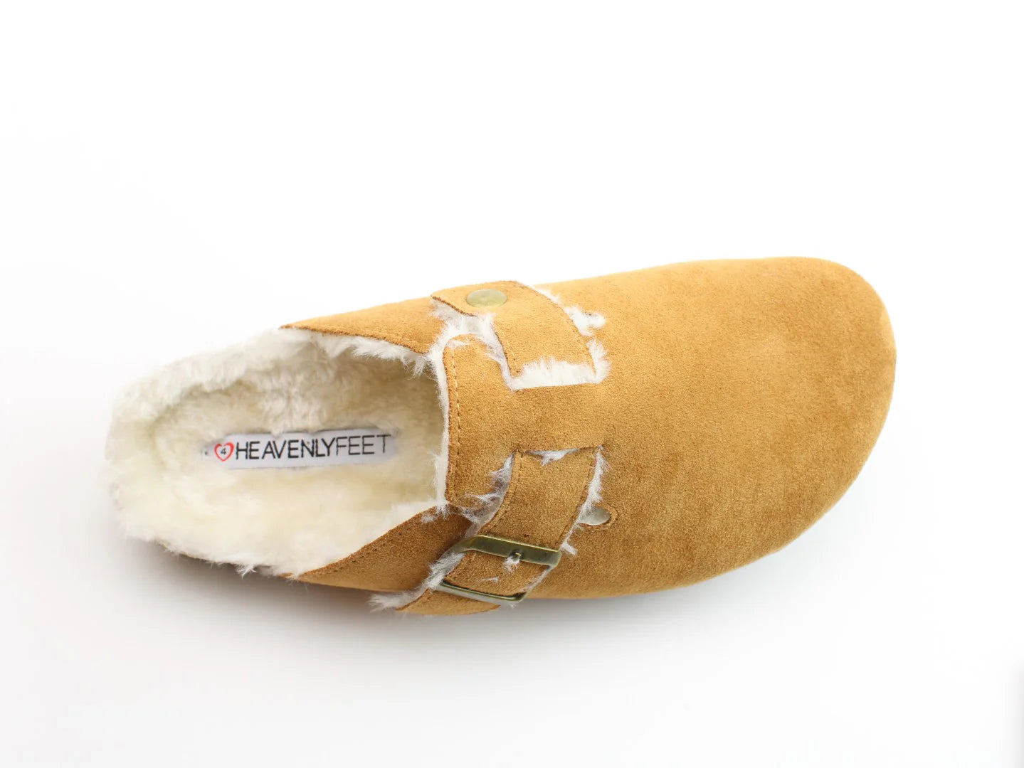 Tan suede shoe with contoured footbed, faux shearling lining, and side buckle detail, labelled Heavenly Feet inside.