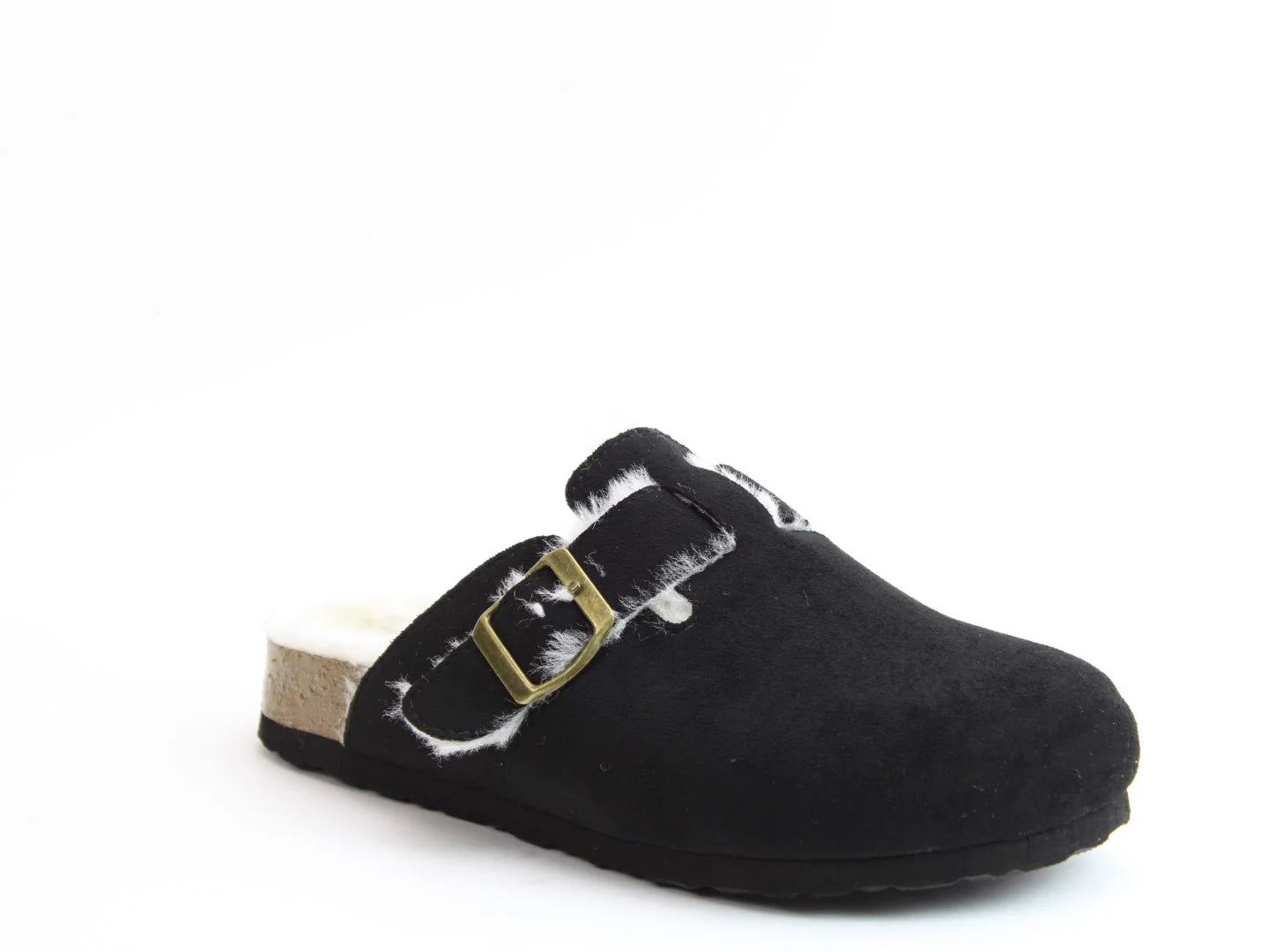 A black slip-on clog with Vegan Shearling Slides, featuring a faux fur lining and a brass buckle. It boasts a cork sole with white flecks throughout, complemented by a contoured footbed for added comfort.
