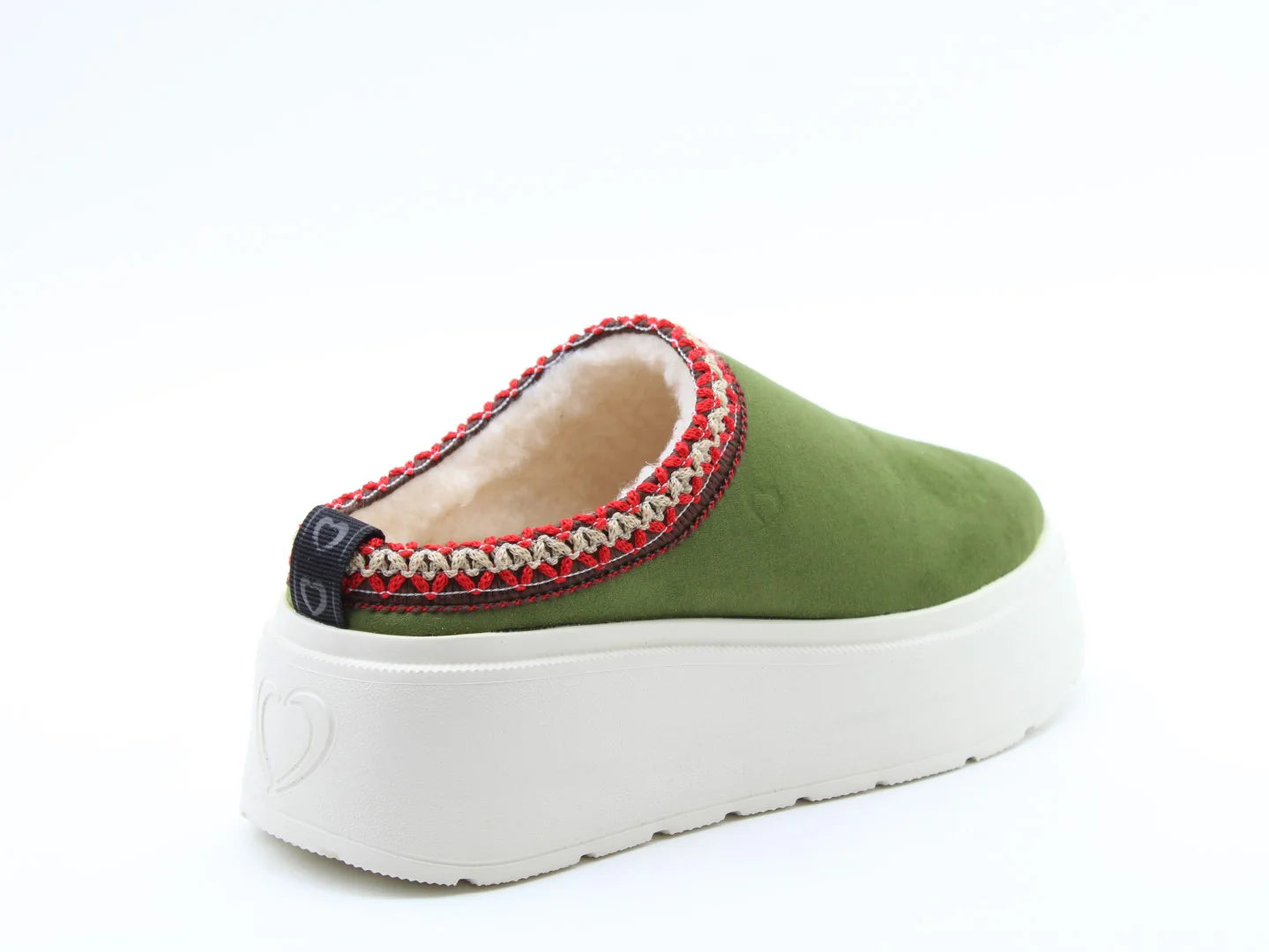 Part of our Vegan Friendly Range, these green Franca slides feature red and white stitching around the collar, a fluffy lining, and thick white soles with a heart pattern on the underside.