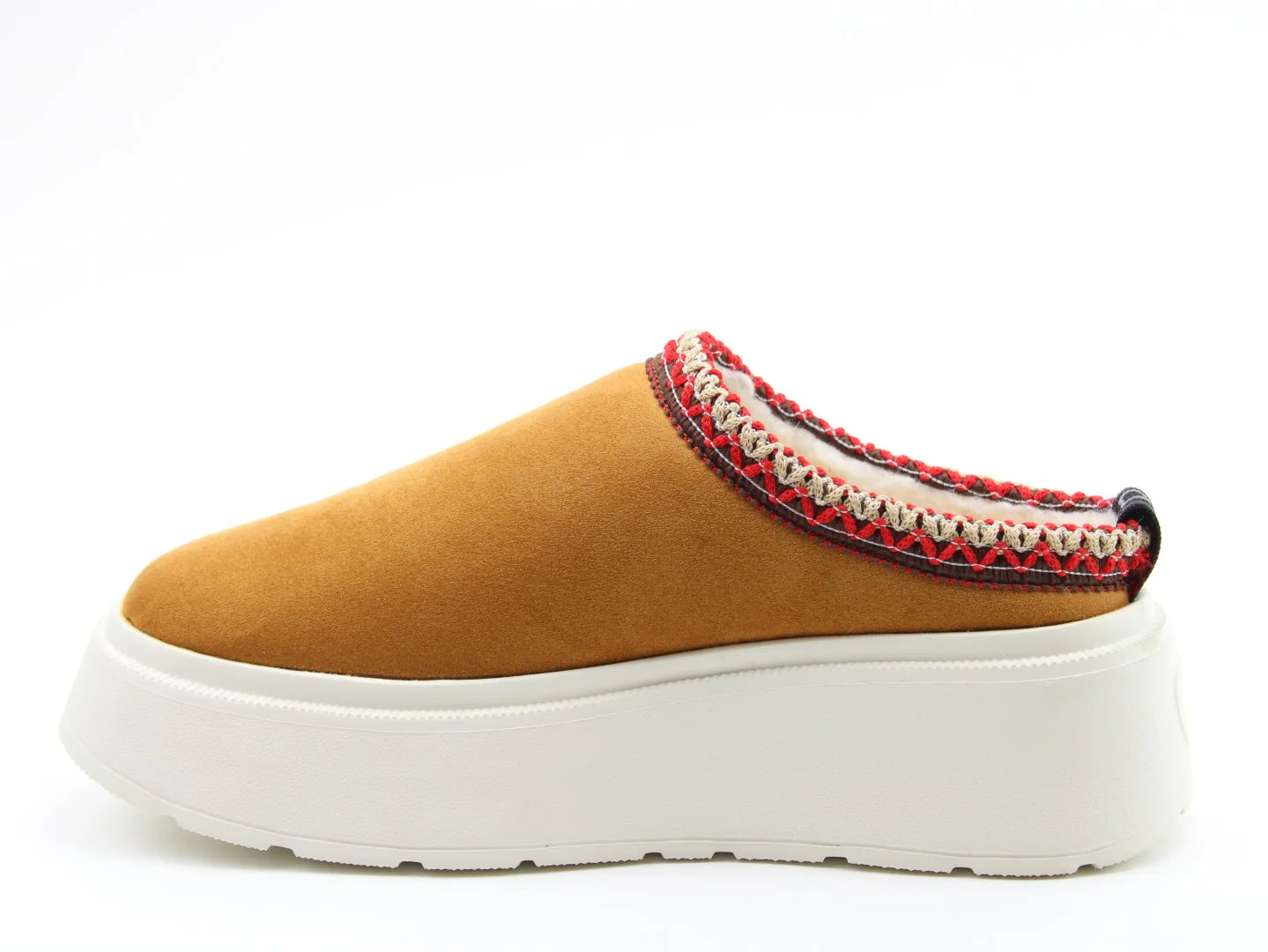 Introducing the Franca slip-on shoe: a brown suedette design with a thick white Litesoles sole. Part of our Vegan Friendly Range, it features colourful woven trim around the ankle and is perfect for effortless style.