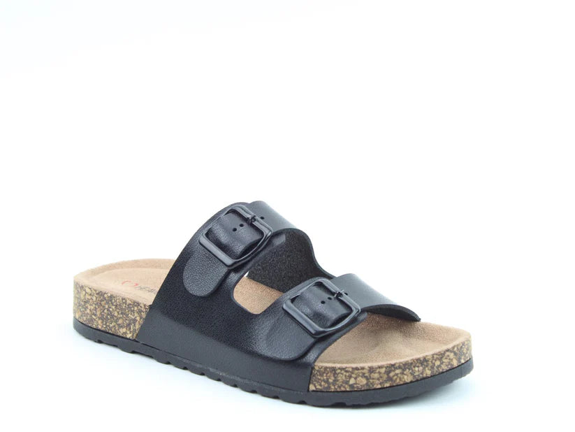 A black two-strap premium sandal with adjustable buckles and a cork footbed, ideal as summer footwear, shown against a white background.