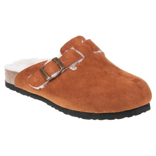 A chestnut slider clog slipper with a black sole, faux fur lining, and a metal buckle at the side—stylish and vegan-friendly for cosy comfort.