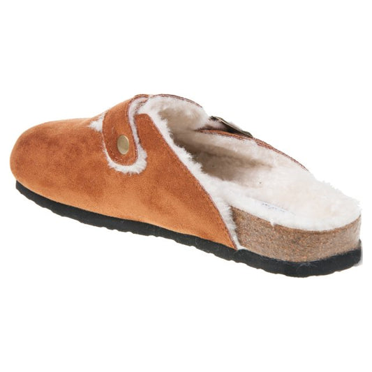 A vegan-friendly brown suede slip-on clog with a cork sole and white faux fur lining, featuring a side button detail.
