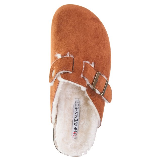 A brown suede chestnut slider clog with a buckle strap and white faux fur lining, viewed from above. This vegan-friendly slipper features an insole labelled THE AVENY FEET.