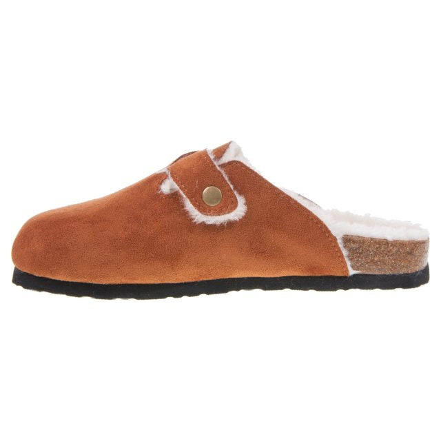 Chestnut sliders crafted from vegan-friendly brown suede, featuring a cork sole, black rubber outsole, white faux fur lining, and a decorative metal button on the side.