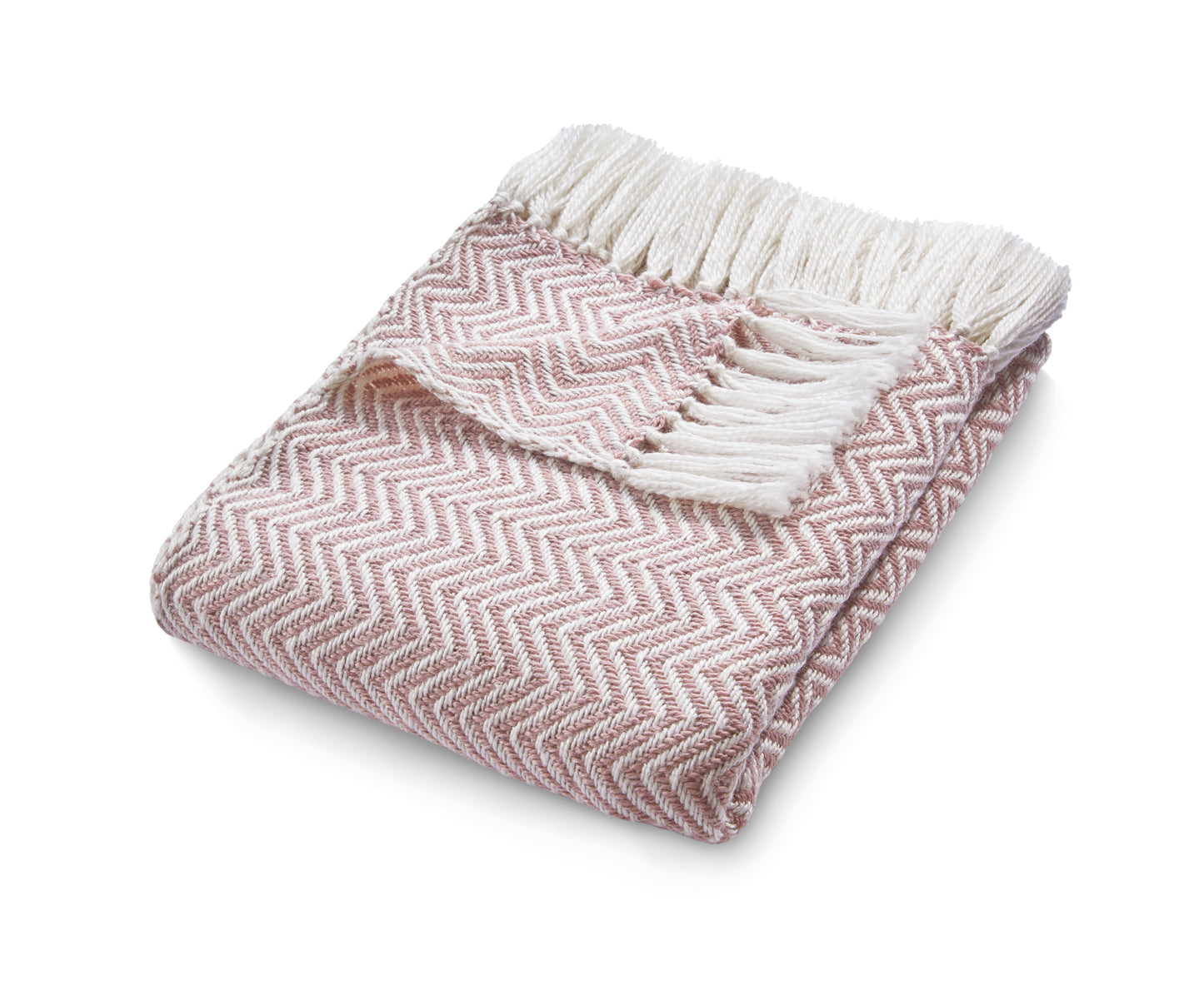 An eco-friendly pink and white herringbone throw, crafted from recycled plastic bottles, features fringed edges for a stylish touch.