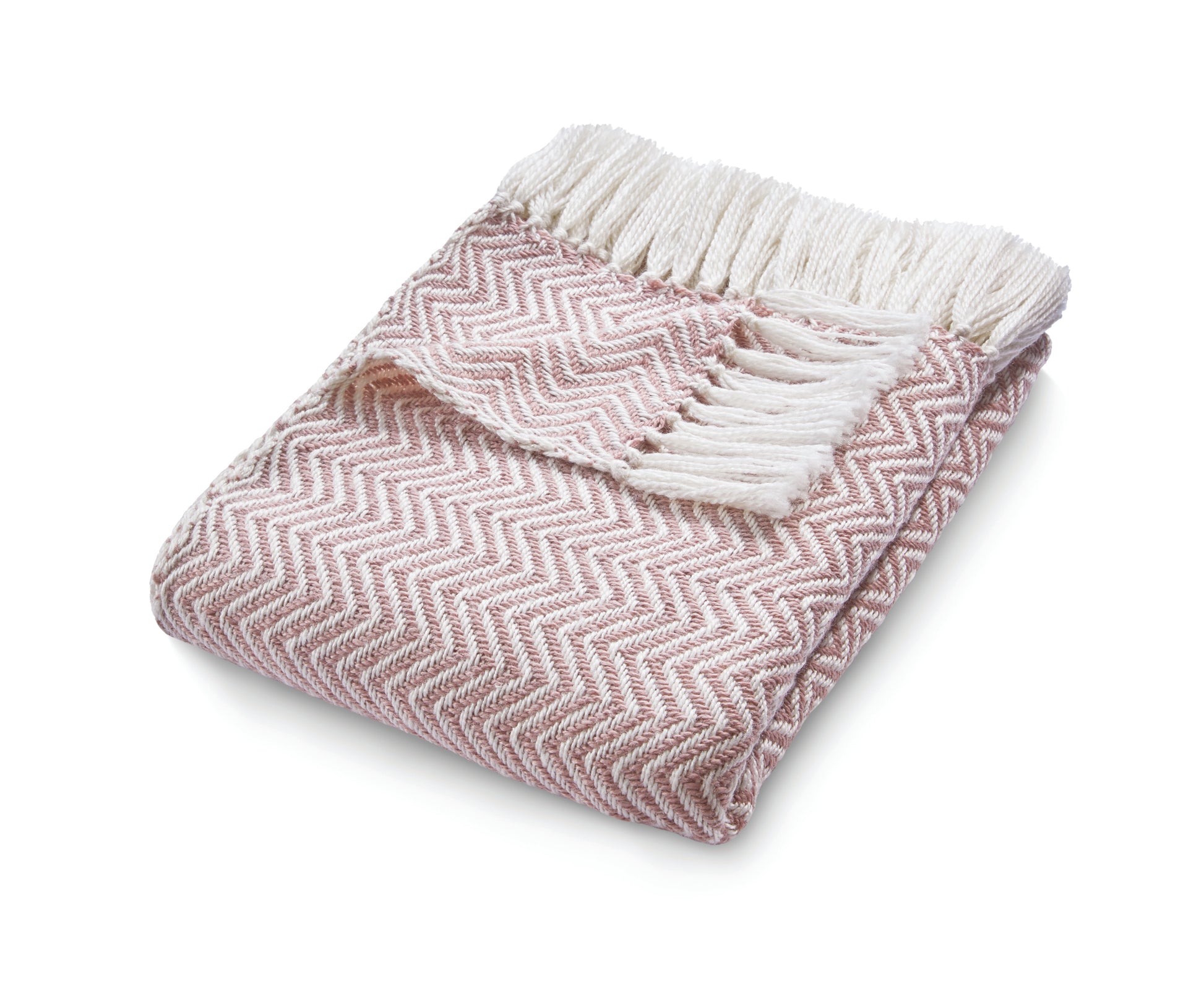 An eco-friendly pink and white herringbone throw, crafted from recycled plastic bottles, features fringed edges for a stylish touch.