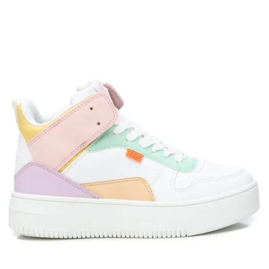 White high-top pastel trainers with a thick rubber platform sole, crafted from vegan leather and featuring pastel accents in pink, green, yellow, orange, and purple on the upper panels.