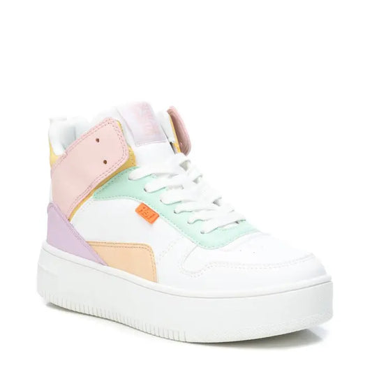 A high-top pastel trainer with a thick rubber platform sole, featuring vegan leather panels in pink, peach, mint green, yellow, and lavender, with white laces and a small orange tag.