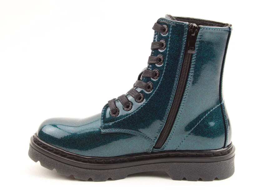 Glossy ocean blue vegan-friendly boot featuring black laces, a side zip, and a chunky black sole, displayed in right side profile against a white background.