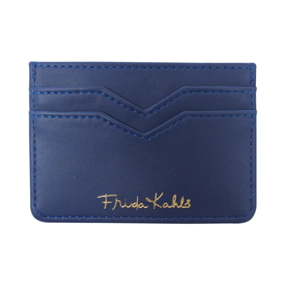 A compact Frida Kahlo card holder in blue, featuring three slots and her name in gold script on the front.