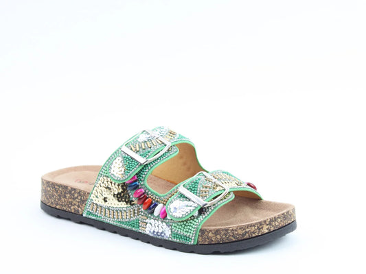 A single vegan-friendly green sandal featuring two buckled straps, embellished with sequins and beads, and a cork sole finished with a black rubber base.