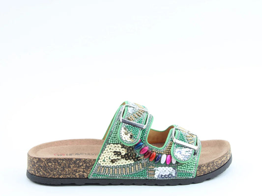 A vegan-friendly green sandal with a cork sole, two buckled straps, and sequins adorned with colourful beads and embellishments.