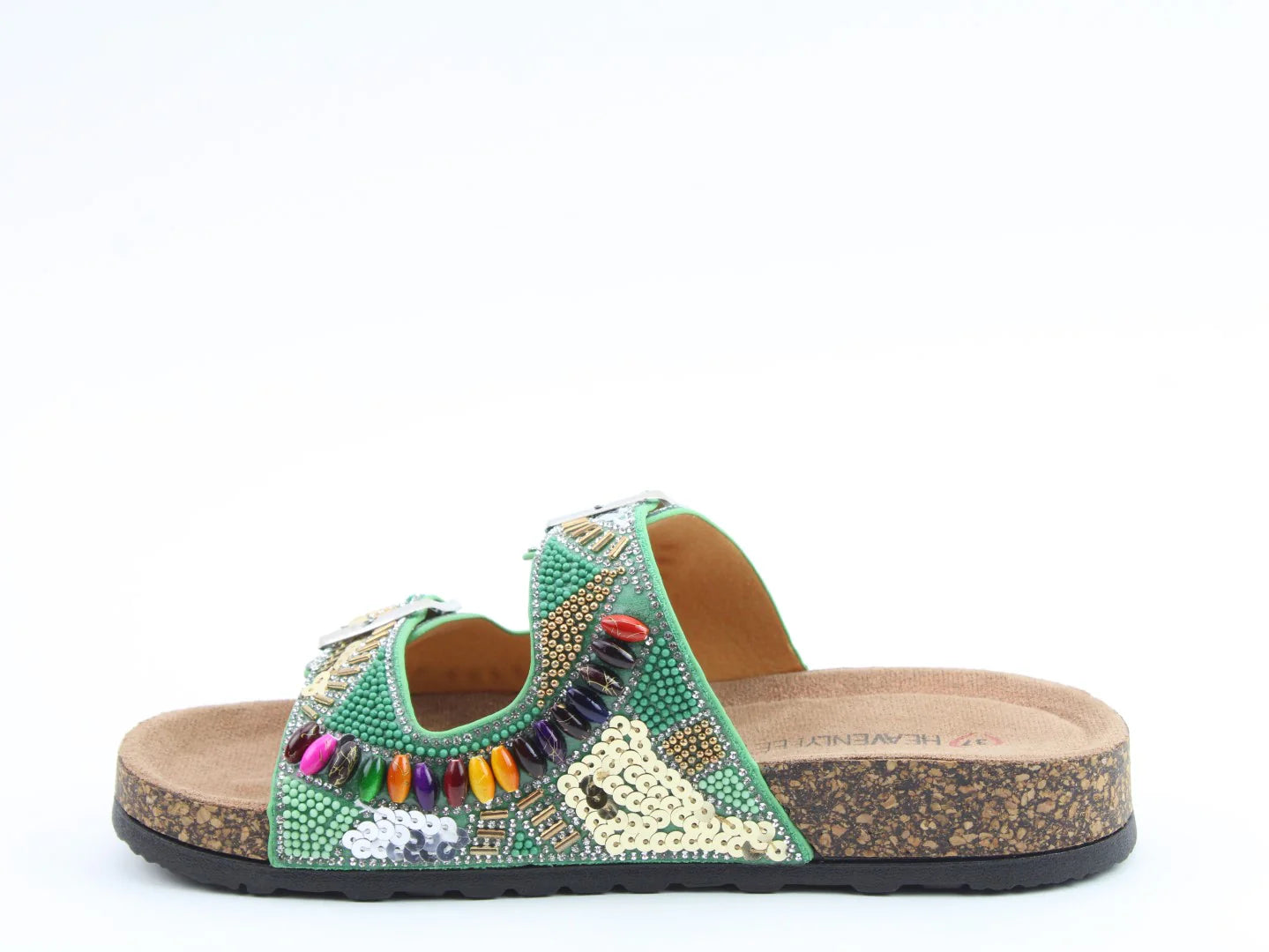 A single vegan-friendly green sandal with a cork sole, sequin-adorned upper, colourful beads, and decorative stitching is displayed against a white background.