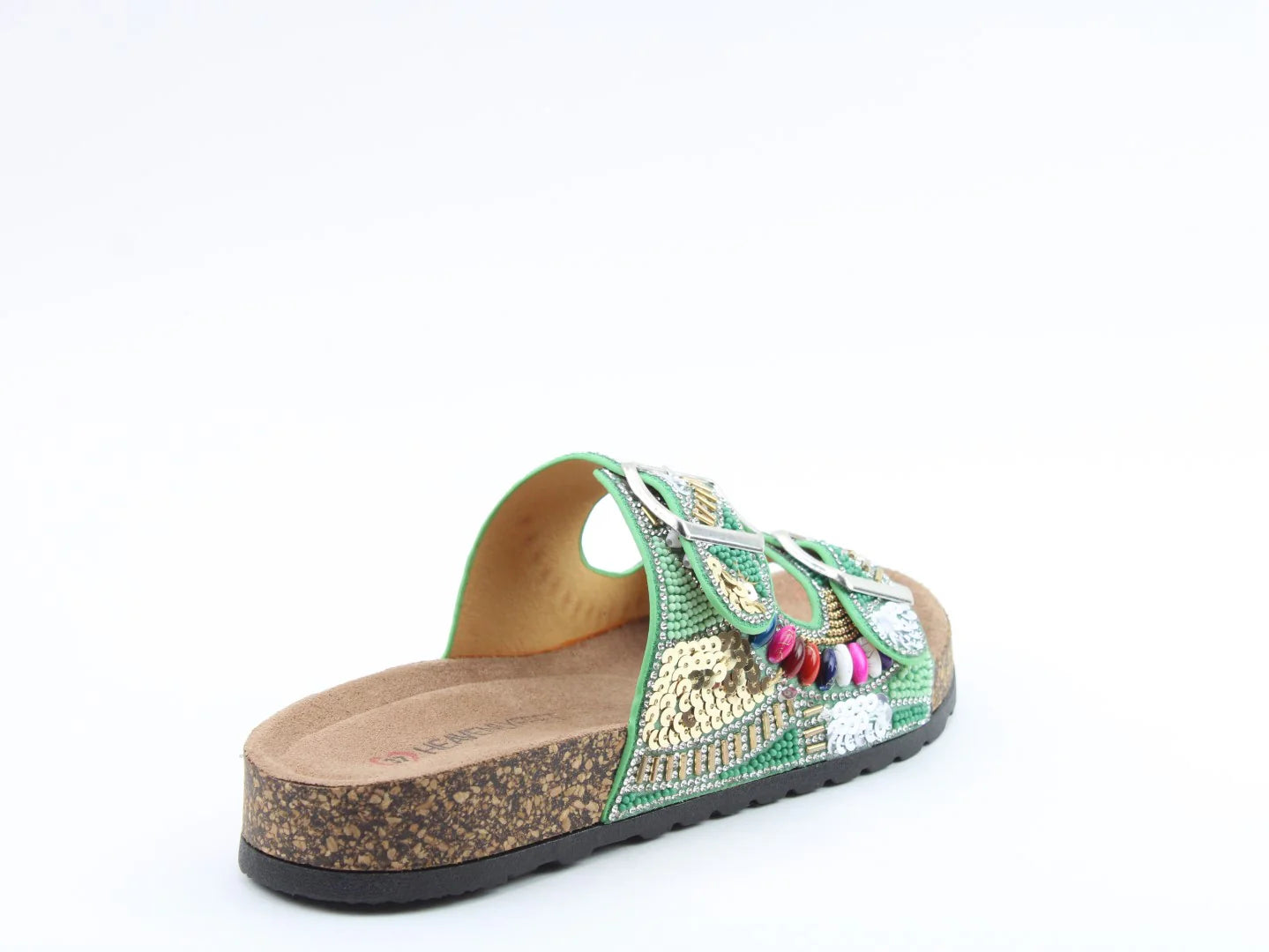 A single vegan-friendly green sandal with a cork sole, embellished with sequins, beads and colourful decorations, displayed against a white background.