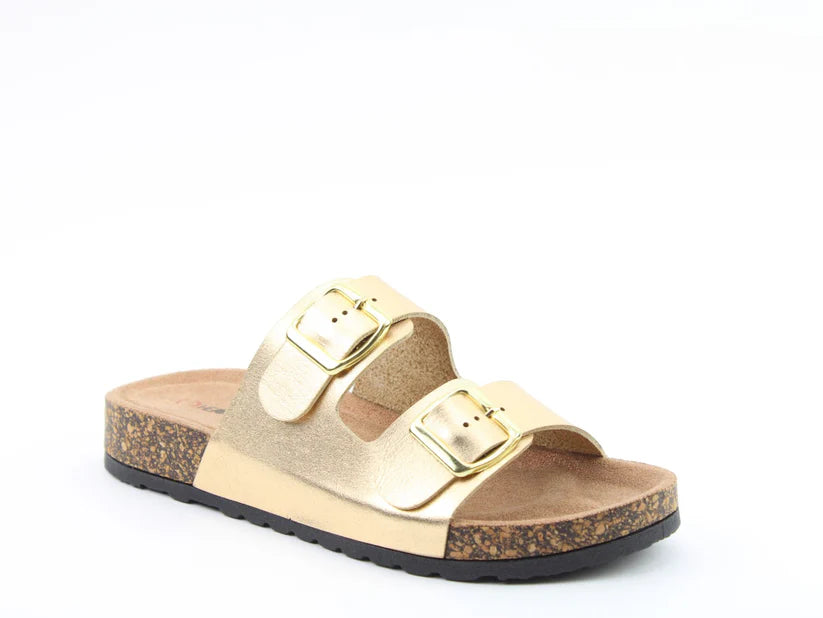 A stylish gold sandal with two buckle straps, a cork footbed, and a black rubber sole displayed against a white background—a premium sandal perfect for any occasion.