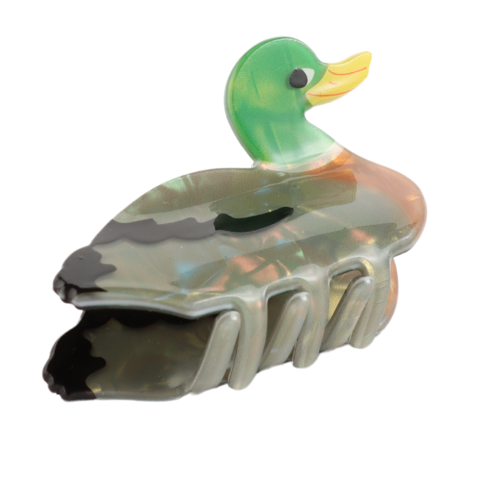 Playful and quirky Duck Hair Claw Clip featuring a green head and iridescent brown body, this charming hair accessory adds a touch of whimsy to your style.