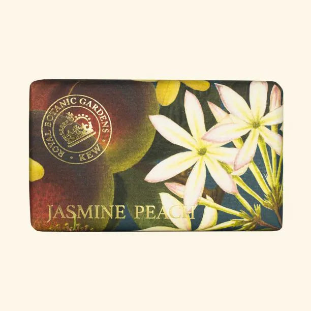 A rectangular bar of Kew Gardens Jasmine Peach Soap, adorned with floral and fruit illustrations and featuring a Royal Botanic Gardens Kew emblem—a perfect eco-friendly gift.