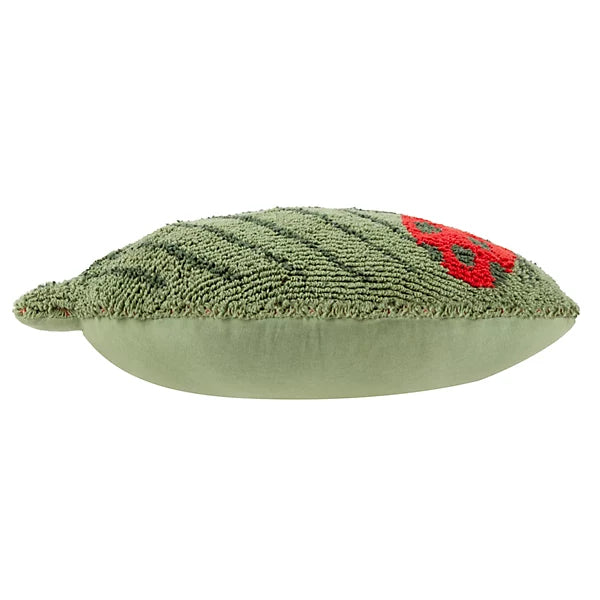 Green textured cushion inspired by nature, featuring a red floral design on the top, displayed from a side view against a white background; ideal as an animal-friendly children’s cushion.