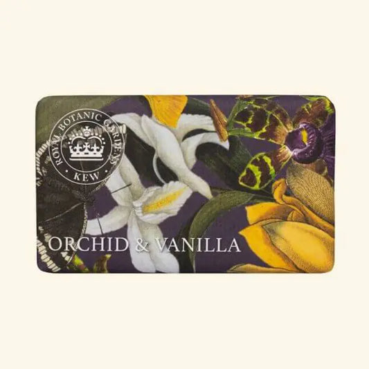 A rectangular vegan Orchid and Vanilla soap bar pack labelled Orchid & Vanilla, featuring floral illustrations, a Royal Botanic Gardens, Kew crest, and marked as an eco-friendly soap.
