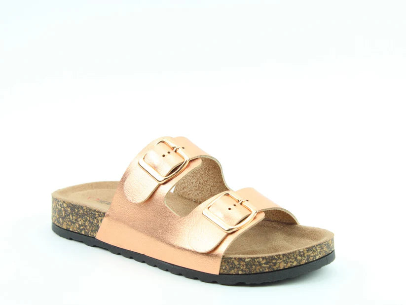 A premium, vegan-friendly rose gold sandal with two adjustable buckle straps and a cork sole, perfect as summer footwear, set against a plain white background.