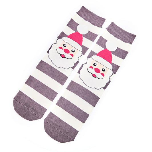 A pair of striped, eco-friendly bamboo socks featuring a cartoon Father Christmas face with a red hat on each sock, laid flat on a white background—ideal as a vegan gift.