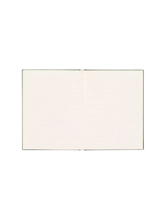 An open, blank, lined hardback notebook is centred on a white background.