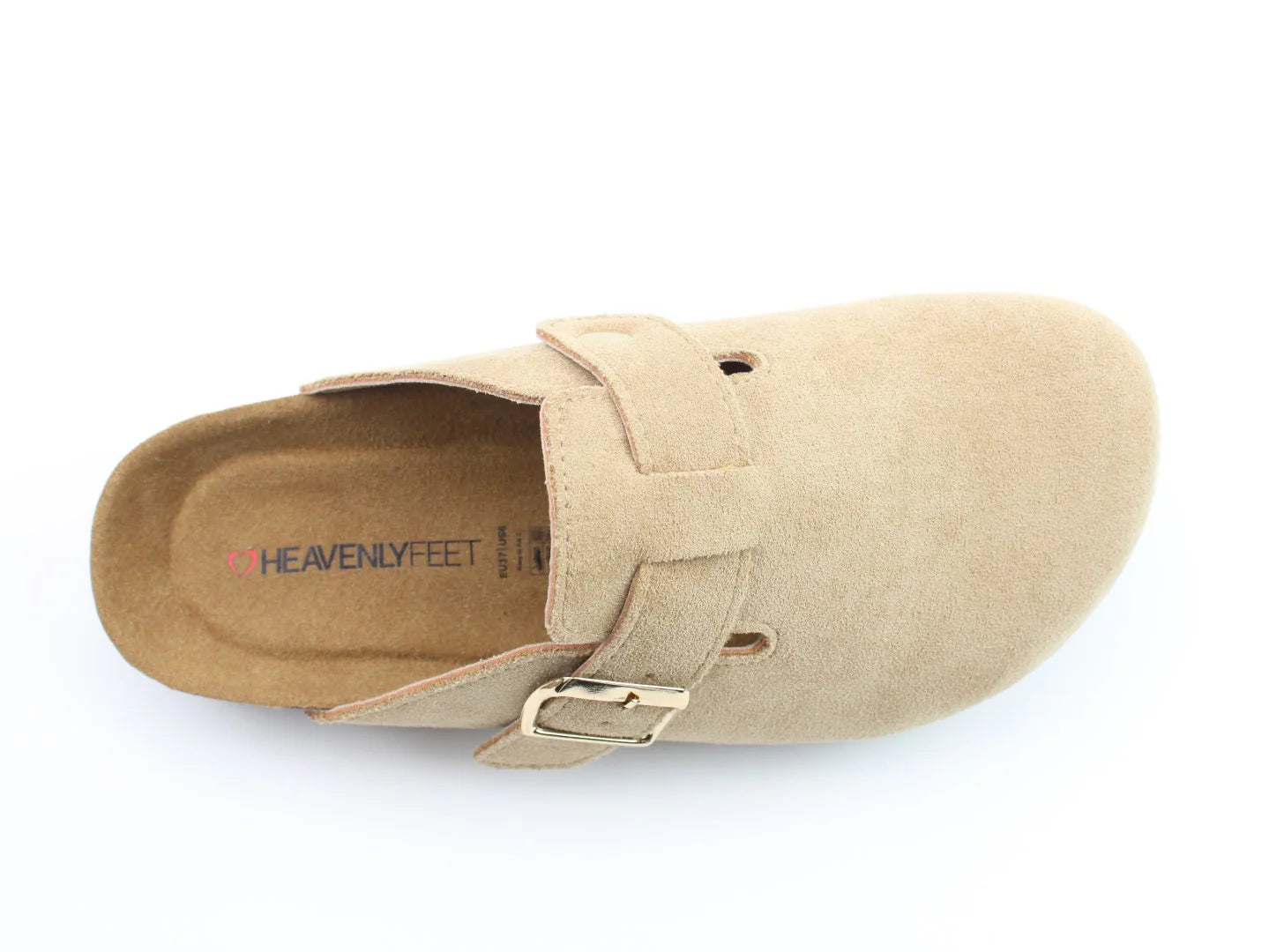 The Alessia Cool Slides are tan suede slip-on clogs with a strap and buckle, featuring a contoured footbed and Heavenly Feet printed on the insole. These stylish clogs are also proudly vegan-friendly.