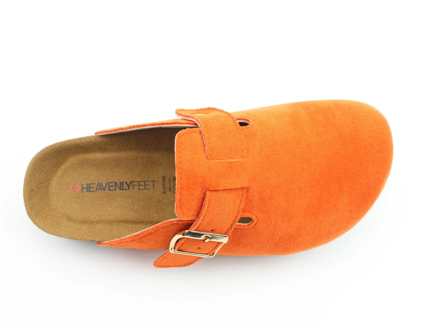 Orange suede clog with a buckle, viewed from above, on a white background. The contoured footbed ensures comfort while the insole text reads Heavenly Feet. Perfectly crafted for those seeking Alessia Cool Slides style with vegan-friendly materials.