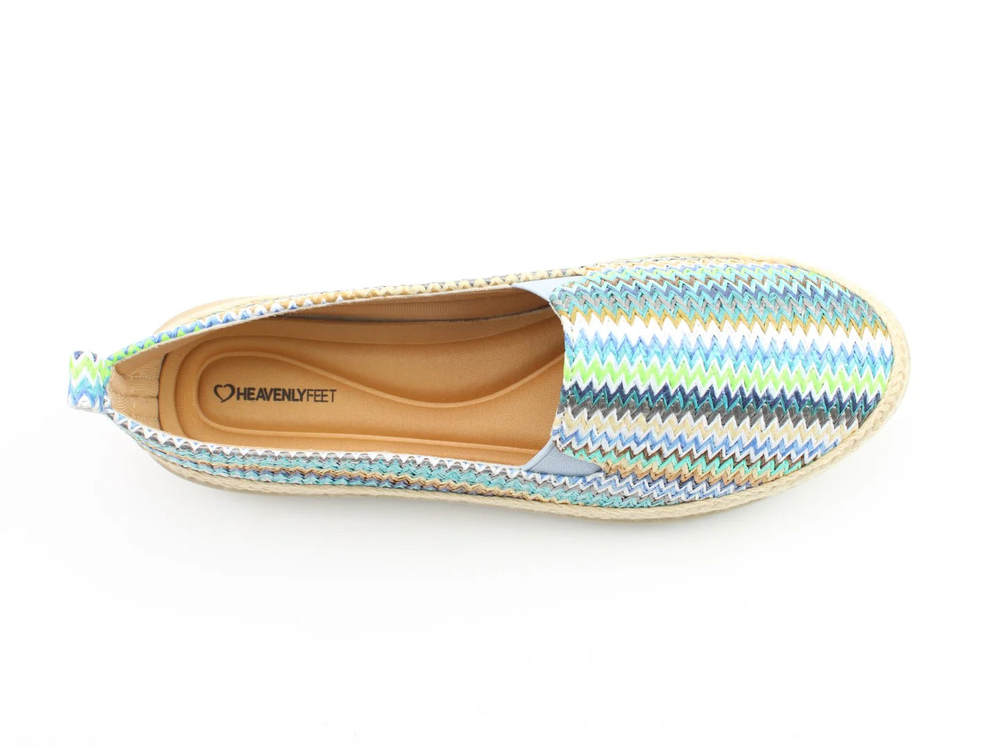 Top view of a Gracie Blue espadrille shoe featuring multicoloured zigzag patterns and a beige insole, embodying the charm of a luxury sandal.