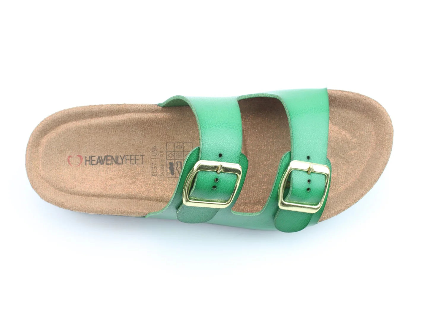 The Harmony2 Sandal is a green sandal with two straps and gold buckles, featuring a cork sole and Heavenly Feet branding on the insole. This premium sandal is also vegan-friendly, making it both stylish and environmentally conscious.