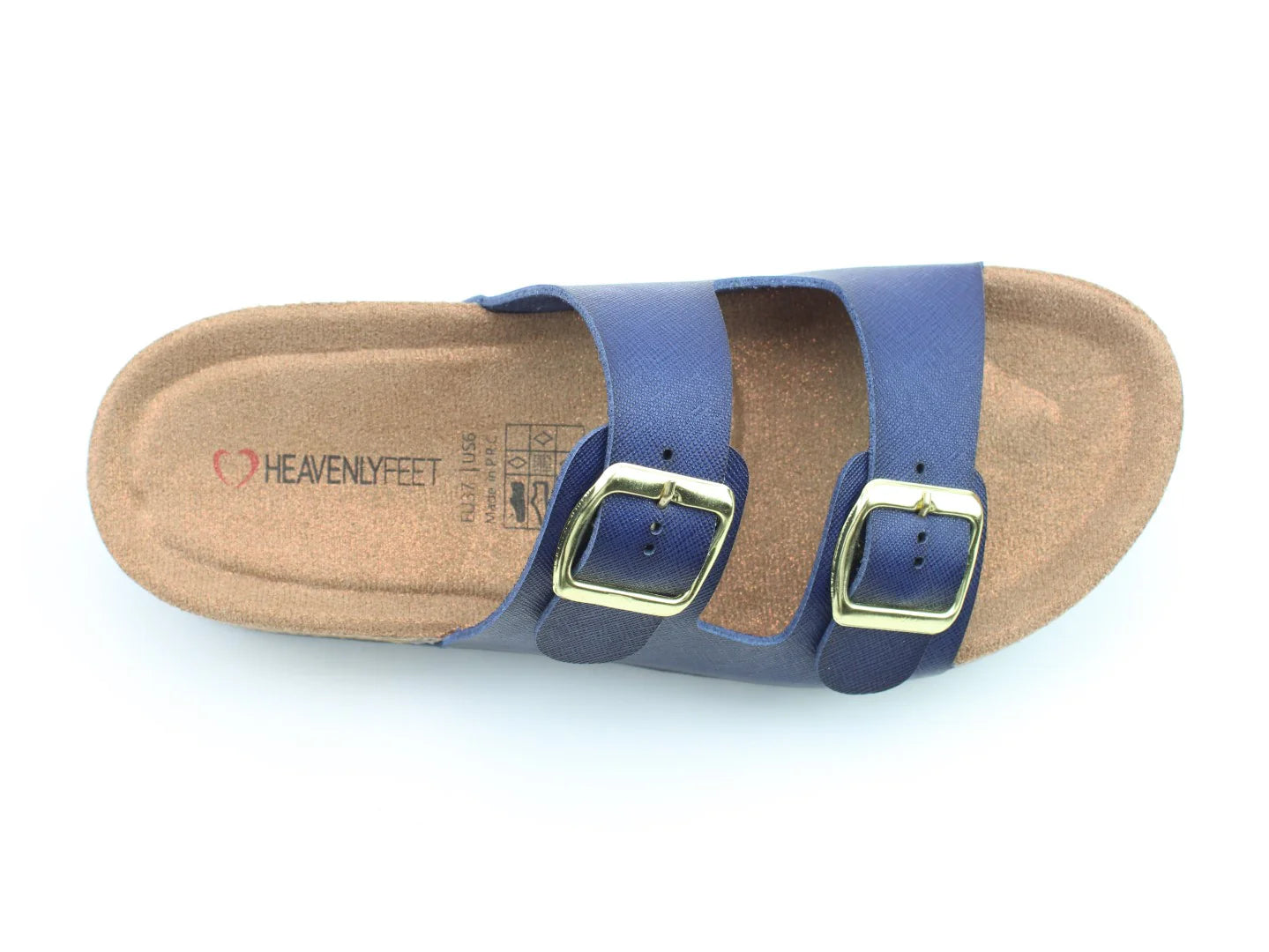 The vegan-friendly Harmony2 Sandal from Heavenly Feet features a blue design with two adjustable buckle straps and a cork footbed.