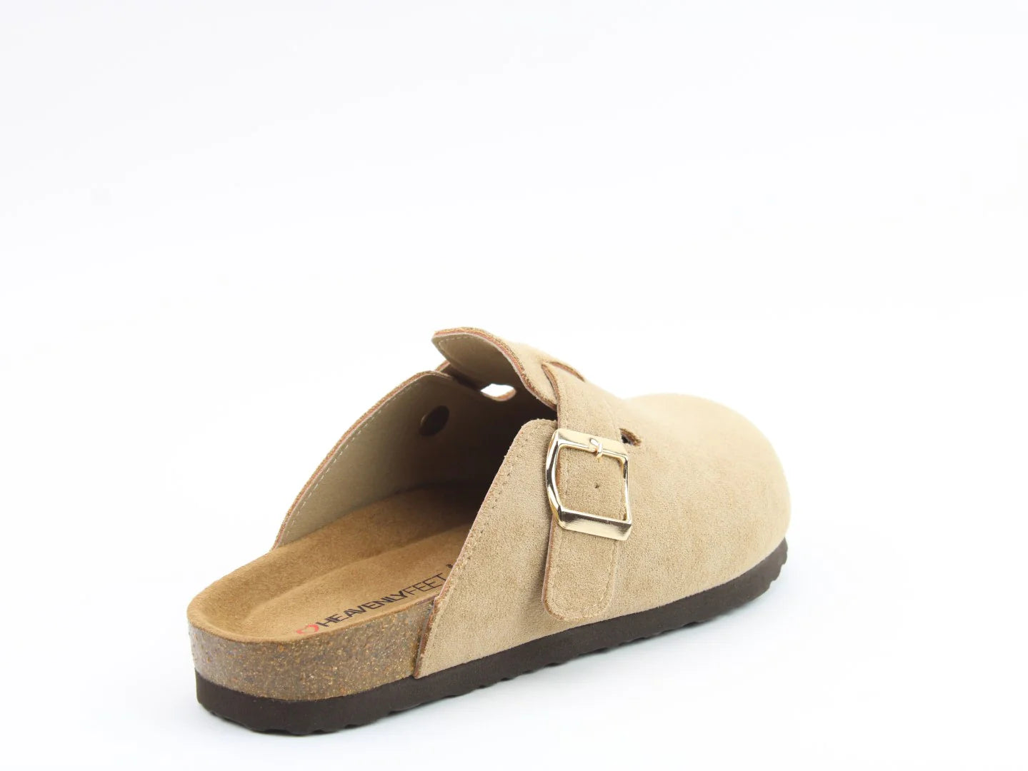 The Alessia Cool Slides showcase a single beige suede clog with an open back, side buckle, and cork sole. Its contoured footbed ensures comfort against a plain white background.