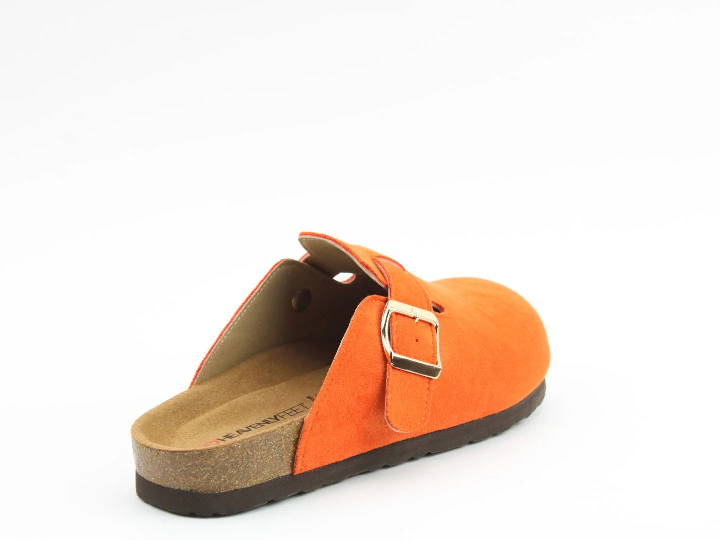 Orange slip-on clog with a buckle strap, cork sole, and branding on the insole, featuring a contoured footbed. The Alessia Cool Slides are showcased against a white background.