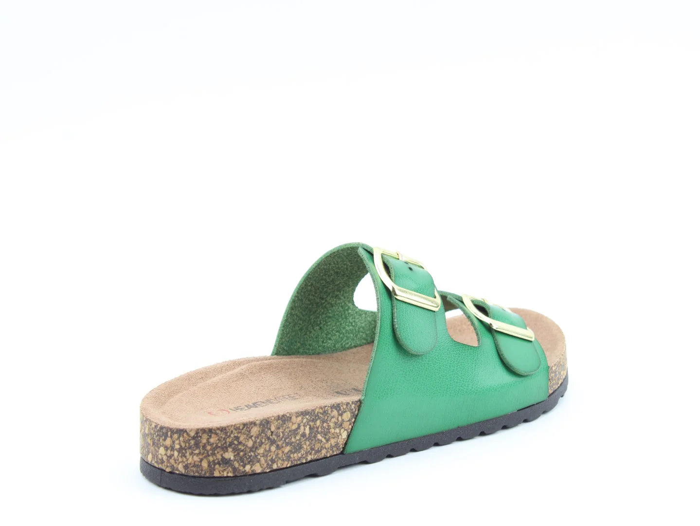 Green Harmony2 Sandal with two buckle straps, cork footbed, and black sole. This premium vegan-friendly sandal is displayed from an angled view of the back right.