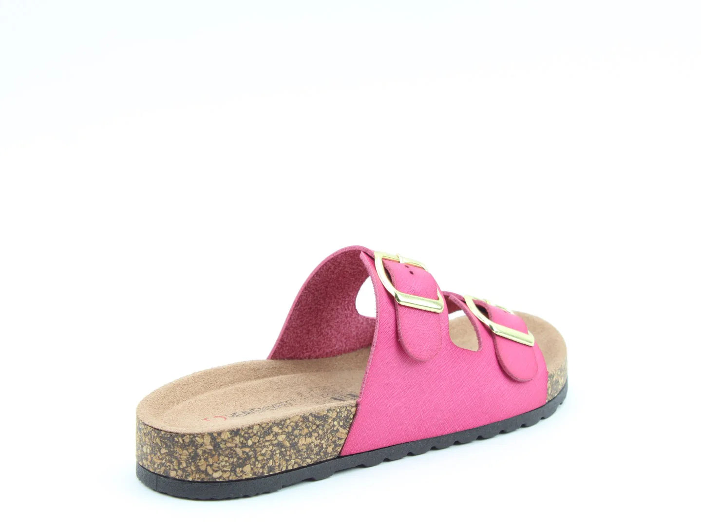 The Harmony2 Sandal, a vegan-friendly option, features a pink design with two gold buckles on a cork-style sole, elegantly viewed from the side.