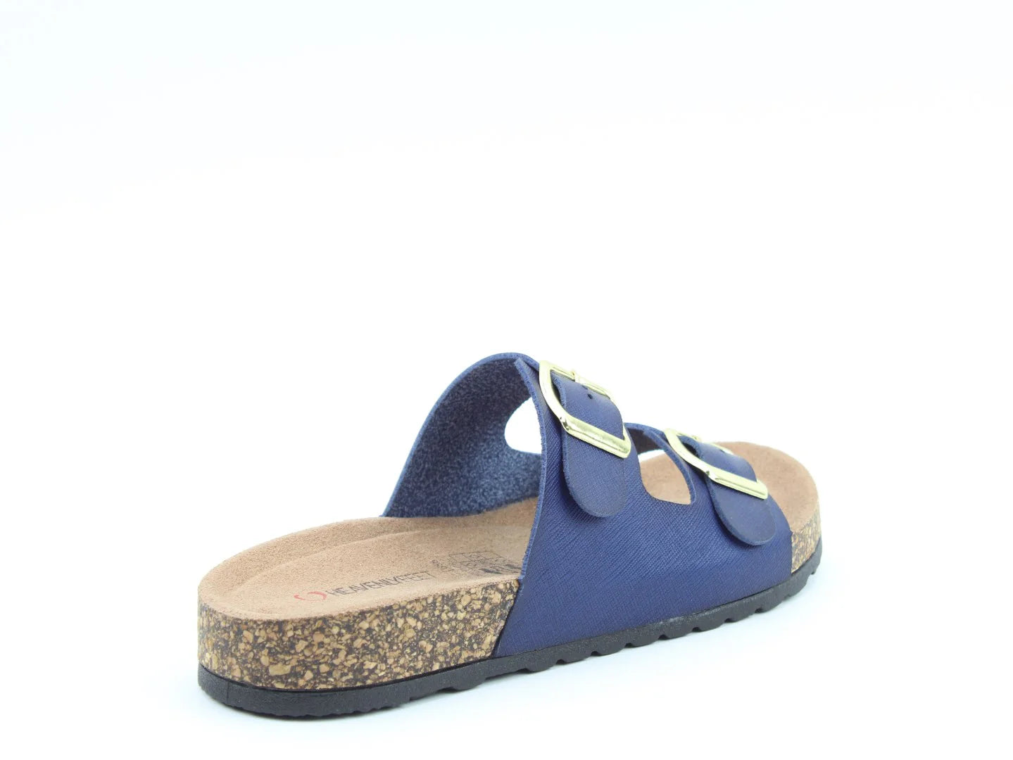 The Harmony2 Sandal is a vegan-friendly, blue sandal featuring a cork sole and dual gold buckles on the straps, elegantly displayed from the side against a pristine white background.