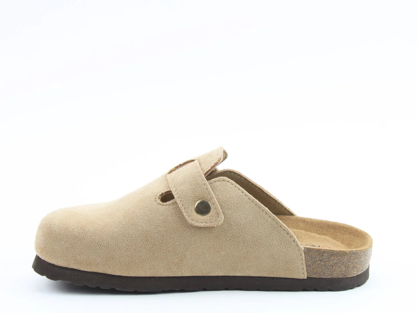 The Alessia Cool Slides, featuring a contoured footbed, are a single beige slip-on clog with a strap and cork-like sole displayed against a white background. Additionally, they are vegan-friendly!.
