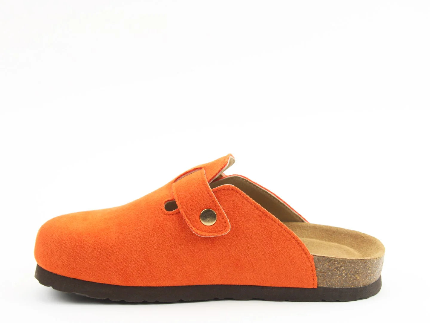 Alessia Cool Slides: Orange slip-on clog with a closed toe, adjustable strap, and cork sole featuring a vegan-friendly, contoured footbed against a white background.