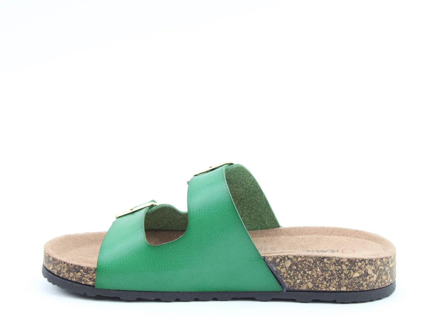 The Harmony2 Sandal is a premium vegan-friendly green sandal with dual straps and a buckle, featuring a cork sole and black outsole, viewed from the side against a white background.