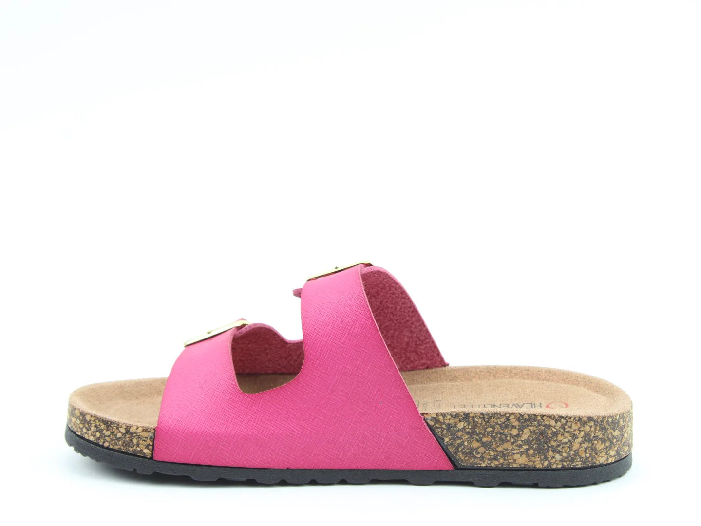 The Harmony2 Sandal boasts a pink, vegan-friendly design with two straps and a cork-textured footbed set against a white background.