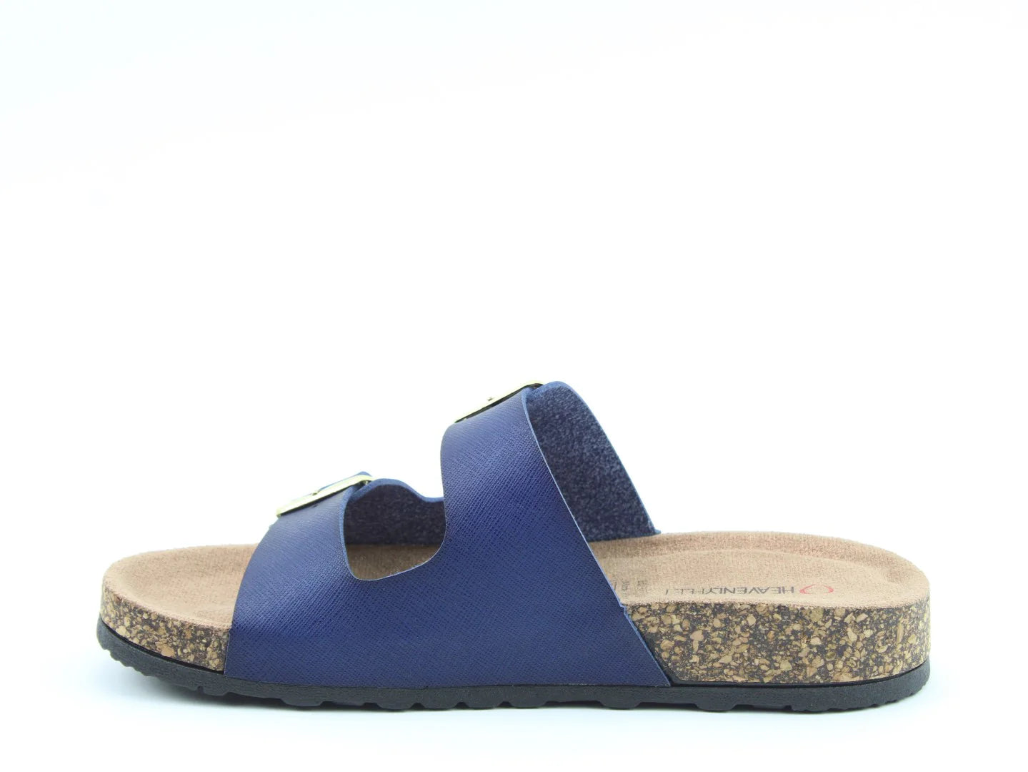 The Harmony2 Sandal is a blue slip-on with two straps, silver buckles, and a cork sole featuring black tread. This vegan-friendly sandal is displayed on a plain white background.